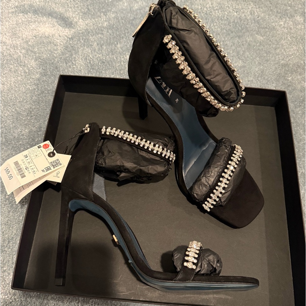 Zara Crystal Strap Black Suede Heels - Picture 4 of 11